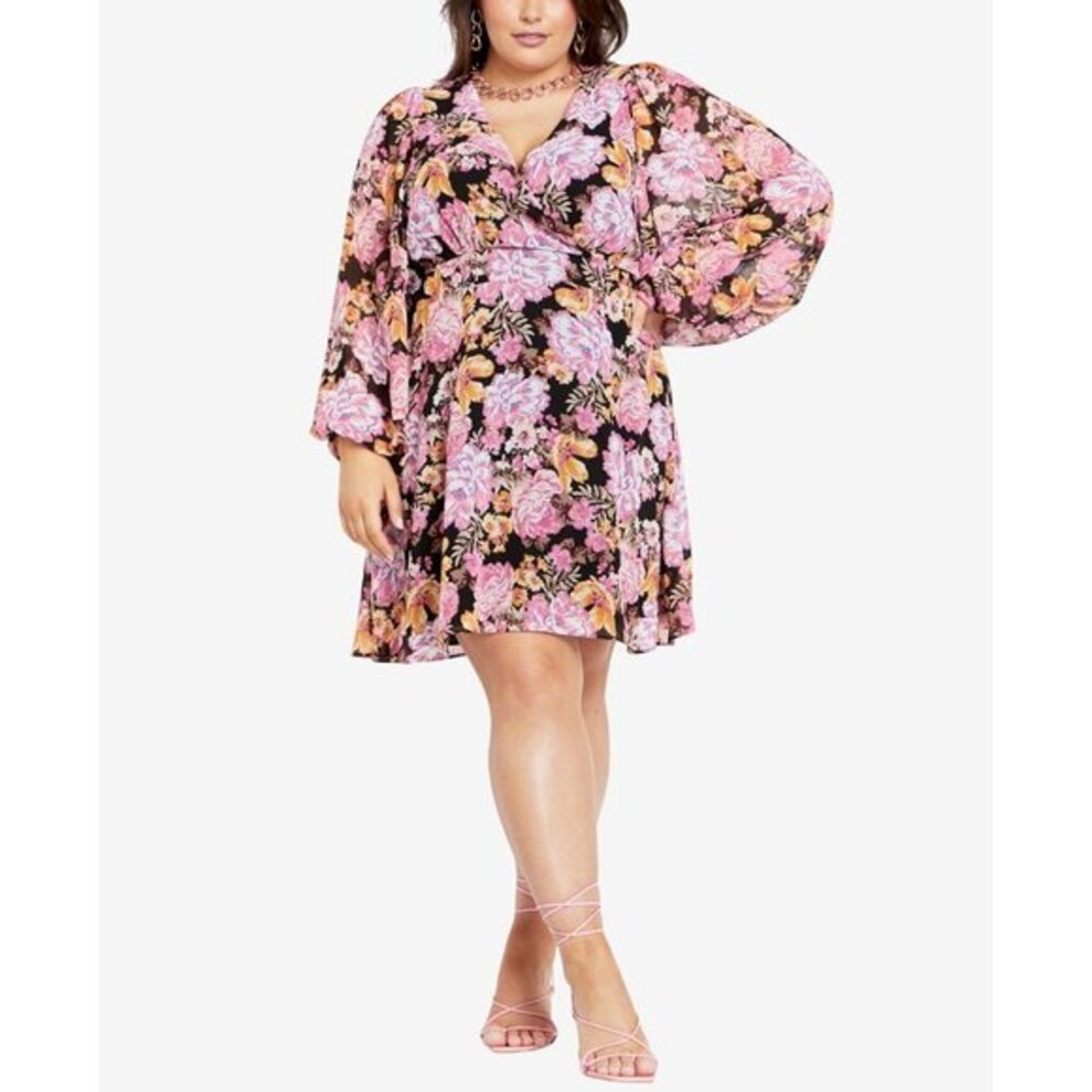 City Chic Womens Plus Size 16 Juliet Bright Floral Print Long Sleeve Midi Dress